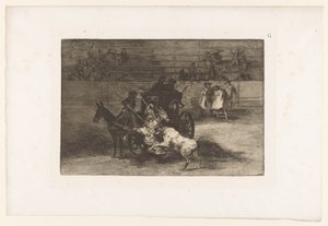 男性が馬車から雄牛を攻撃する Combat dans une voiture attelée de deux mulets 闘牛（シリーズタイトル） La Taureaumachie (シリーズタイトル) ラ・タウロマキア（シリーズタイトル） 作： Francisco de Goya