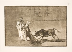 ムーア人はアリーナで別のトリックを実行し、雄牛を燃え尽きさせることで彼らに誘い込みます 作： Francisco de Goya