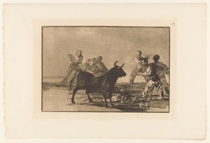 Stierenvechters rondom een stier 槍、三日月、旗、その他の武器で悪党をハムストリングスにする Stierengevechten (シリーズタイトル) La Taureaumachie (シリーズタイトル) 闘牛（シリーズタイトル） 作： Francisco de Goya