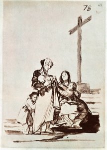 十字架の近くにいる女性と子供たち（エングレービング 作： Francisco de Goya