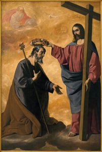 聖ヨセフを鳴らすキリスト。フランシスコ・デ・ズルバラン（1598-1664）による絵画、油彩・キャンバス、1640年頃。スペイン、セビージャの美術館。 作： Francisco de Zurbaran