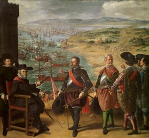 イギリス人に対するカディス（スペイン）の防衛戦。1625年11月1日、イギリス軍はアメリカからやってくる金銀を横取りするためにカディスの塔を占拠した。座っているのは、都知事のフェルナンド・ジロン。 作： Francisco de Zurbaran