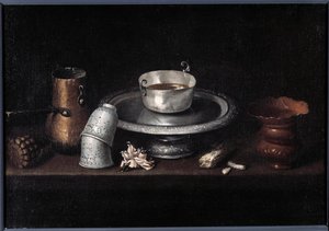 チョコレートのカップ、カップの朝食の静物画です。フランシスコ・デ・ズルバラン(1598-1664)の絵画。17世紀 ブザンソン、美術館 作： Francisco de Zurbaran