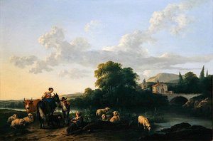 イタリン風景の中の農民と牛」（油彩・パネル） 作： Franciscus Xaverius Xaverij