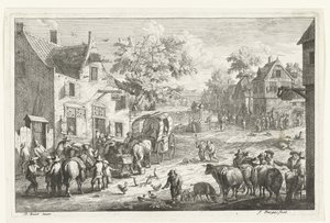 旅館で旅行者や牛のトレーダーがいる村のシーン 作： Franciscus de Bargas