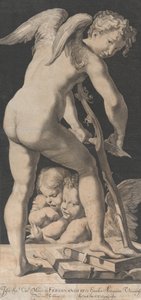 弓を研ぐキューピッド、1645-72年。 作： Franciscus van der Steen