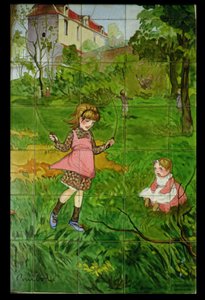 庭で遊ぶ子供たちを描いたタイル（陶磁器釉）