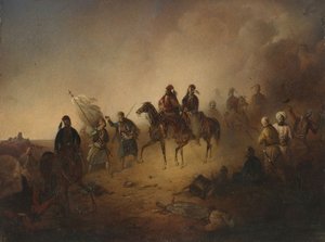 1852 年 1823 年 8 月 8 日の夜、カルペニシの戦いでのマルコス・ボツァリス 作： Franciszek Tomasz Tepa