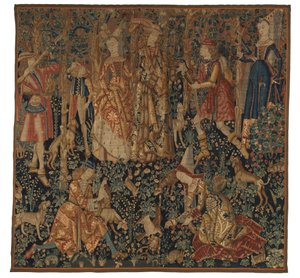キジ狩りを描いたタペストリー、おそらくトゥルネー製、1480年頃（ウール＆シルク）
