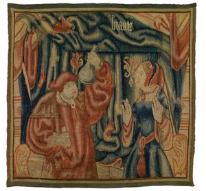 医師と女性のいる室内を描いたタペストリーの断片、ボーテ、フランスまたはフランドル、16世紀初頭製（羊毛）