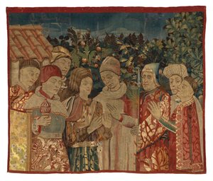 8人の人物が描かれた正体不明のタペストリー断片、「論争」、15世紀後半（羊毛）。