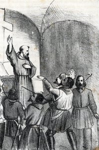 第四次ヴェネツィア・オスマン戦争: 1571 年 10 月 7 日にギリシャのパトラス湾で勃発したレパンテ海戦の前夜にイスラム教徒を打ち負かすよう教会が呼びかけた (オスマン・ヴェネティ戦争中のレパント海戦の前日のキリスト教連合) 作： Franco Mistrali