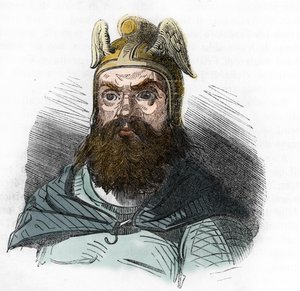 フン族の王アッティラ (395-453) の肖像 - フランコ ミストラーリ 1843 作「I misteri del vaticano」からの描画 作： Franco Mistrali