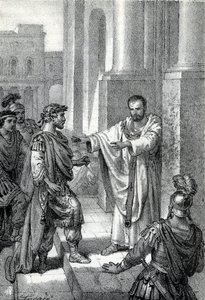 The archbishop Saint Ambrose of Milan (Aurelius Ambrosius, Ambrogio di Milano (340-397) prohibited the entrance of the church to roman emperor Theodosius I (Flavius Theodosius) (347-395) to punish him for the massacre of Thessalonica in 390 - Excommunicati 作： Franco Mistrali