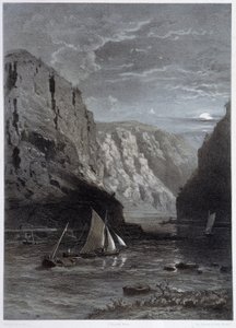 ライン川の風景、Lurley-In「「記念碑的で絵のように美しいライン」」、自然の後の水彩画、Fourmais と Stroobant によるリトグラフ。 作： Francois Stroobant