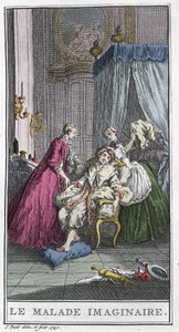 想像上の患者。Jean Baptiste Poquelin dit Moliere (1622-1673)による演劇作品。ブーシェ以前のT.de Mareによる「Le malade imaginaire」のエングレーヴィング。