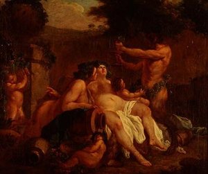 デルに置かれた石壷のそばで喜ぶバッカス 作： Francois (circle of) Boucher