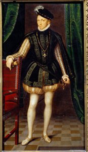 フランス国王シャルル9世（1550-1574）の足付き肖像。フランソワ・クルエ（1515-1572）の工房の絵