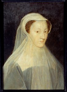 喪服を着たフランス王妃とスコットランド王妃マリー・スチュアート（1542-1587）の肖像。フランソワ・クルエ（1515-1572）の工房で描かれたもので、1560年頃。木に油彩。薄さ：0.37 x 0.26m。パリ、カルナヴァレ美術館 - メアリー・スチュアートの肖像 (1542-15 作： Francois (workshop of) Clouet