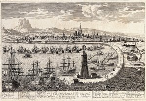 18世紀のバルセロナの街と港の風景。フランソワ・アントワーヌ・アヴェリンによるエングレーヴィング（Barcelona, Museu d