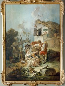 女の子にぶどうを差し出す男性 作： François Boucher