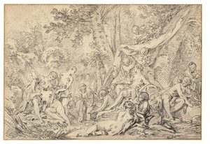 ダイアナとカリスト（紙に黒チョーク） 作： François Boucher
