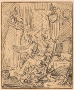 国内シーン: マントルピースの前に 2 人の小さな子供を持つ母親 作： François Boucher