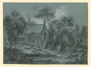 木々の間に階段のある家、その前に釣り人がいる 作： François Boucher