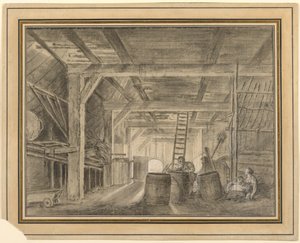 樽職人の家族がいる納屋の内部 作： François Boucher