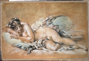 「眠っている若い女性」（眠っている若い女性）フランソワ・ブーシェ（1703-1770）によるサンギンとパステル（1758年）プーシキン美術館、モスクワ 作： François Boucher