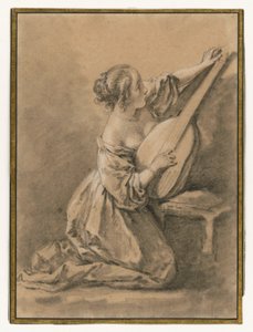 リュートを調弦している、ひざまずいた若い女性 作： François Boucher