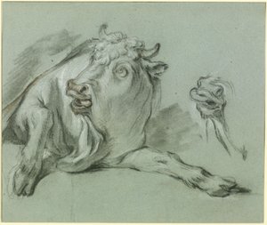 横たわる雄牛。パリのルーヴル美術館所蔵の絵画『エウロパの誘拐』に基づく習作 作： フランソワ・ブーシェ