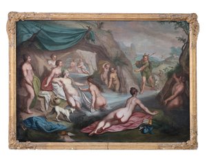 油彩・キャンバス。神話を題材とした絵画。入浴中のアルテミスとその随行者たちが、アクテイオンに不意を突かれる場面。 作： François Boucher