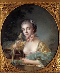 画家の娘ボードワン夫人の肖像 カナリアを持ってポーズをとる少女。フランソワ・ブーシェ（1703-1770）の絵画 18世紀 パリコニャック博物館 ジェイ 作： François Boucher