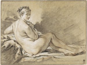 女性ヌードの習作 - フランソワ・ブーシェ（1703-1770）。紙に黒と白のチョークで描かれた「三国志