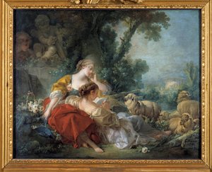 友情の学校 情景ブコリック：二人の羊飼いと群れ。フランソワ・ブーシェ（1703-1770）による絵画 1760年 カールスルーエ国立芸術劇場 作： François Boucher