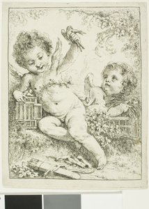 鳥と2匹のプッティ 作： François Boucher