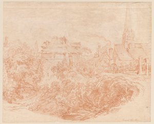 農村の家々や教会の塔の眺め 作： François Boucher