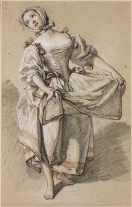 ダンスをする若いカントリー・ガール、1765-70年頃（黒、赤、白のチョークとスタンプ、水色の敷き紙 作： François Boucher