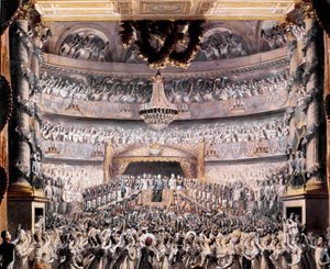 ルイ18世（1755-1824）は、1819年にパリの国民衛兵が開いたパーティーでオデオン座に出席しています。36x44 cm Versailles, musee du chateau 作： Francois Buffet