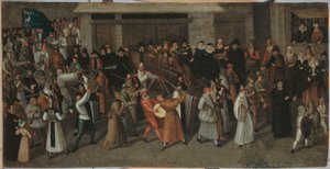 ノートルダム寺院を出発するシテ島のリーグ行列、1590年頃（銅に油彩） 作： Francois Bunel