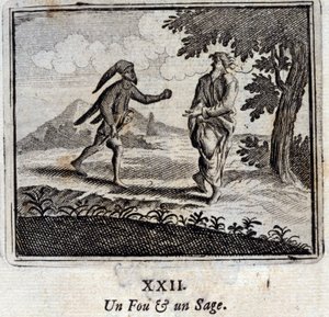 狂人と賢人。ジャン・ド・ラ・フォンテーヌ（1621-95）の寓話。挿絵はフランソワ・ショーボー（1613-1676）。1728年の版。 作： Francois Chauveau