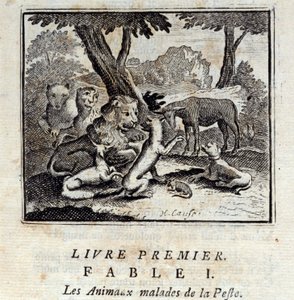 疫病にかかった動物たち。ジャン・ド・ラ・フォンテーヌ（1621-95）の寓話。挿絵はフランソワ・ショーボー（1613-1676）。1728年の版。 作： Francois Chauveau