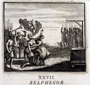 ベルフェゴール。ジャン・ド・ラ・フォンテーヌ（1621-95）の寓話集。フランソワ・ショーボー（1613-1676）によるイラスト。1728年の版。 作： Francois Chauveau