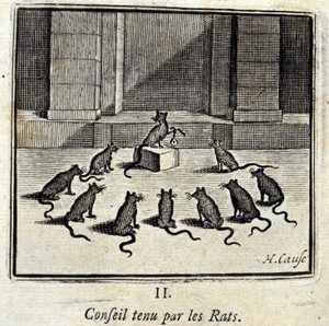 ネズミが持つボード。ジャン・ド・ラ・フォンテーヌ（1621-95）の寓話。挿絵はフランソワ・ショーボー（1613-1676）。1728年の版。 作： Francois Chauveau