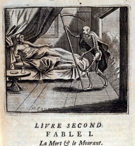 死と瀕死。ジャン・ド・ラ・フォンテーヌ（1621-95）の寓話。挿絵はフランソワ・ショーボー（1613-1676）。1728年の版。
