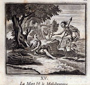 死と不幸。ジャン・ド・ラ・フォンテーヌ（1621-95）の寓話。挿絵はフランソワ・ショーボー（1613-1676）。1728年の版。