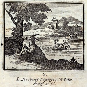 ロバはスポンジを積んで、ロバは塩を積んで。ジャン・ド・ラ・フォンテーヌ（1621-95）の寓話。挿絵はフランソワ・ショーボー（1613-1676）。1728年の版。 作： Francois Chauveau