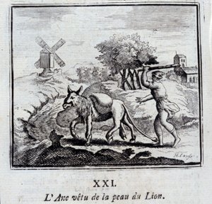 ライオンの皮をかぶったロバ。ジャン・ド・ラ・フォンテーヌ（1621-95）の寓話。挿絵はフランソワ・ショーボー（1613-1676）。1728年の版。 作： Francois Chauveau