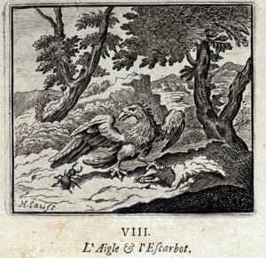 鷲とカタツムリジャン・ド・ラ・フォンテーヌ（1621-95）の寓話。挿絵はフランソワ・ショーボー（1613-1676）。1728年の版。 作： Francois Chauveau